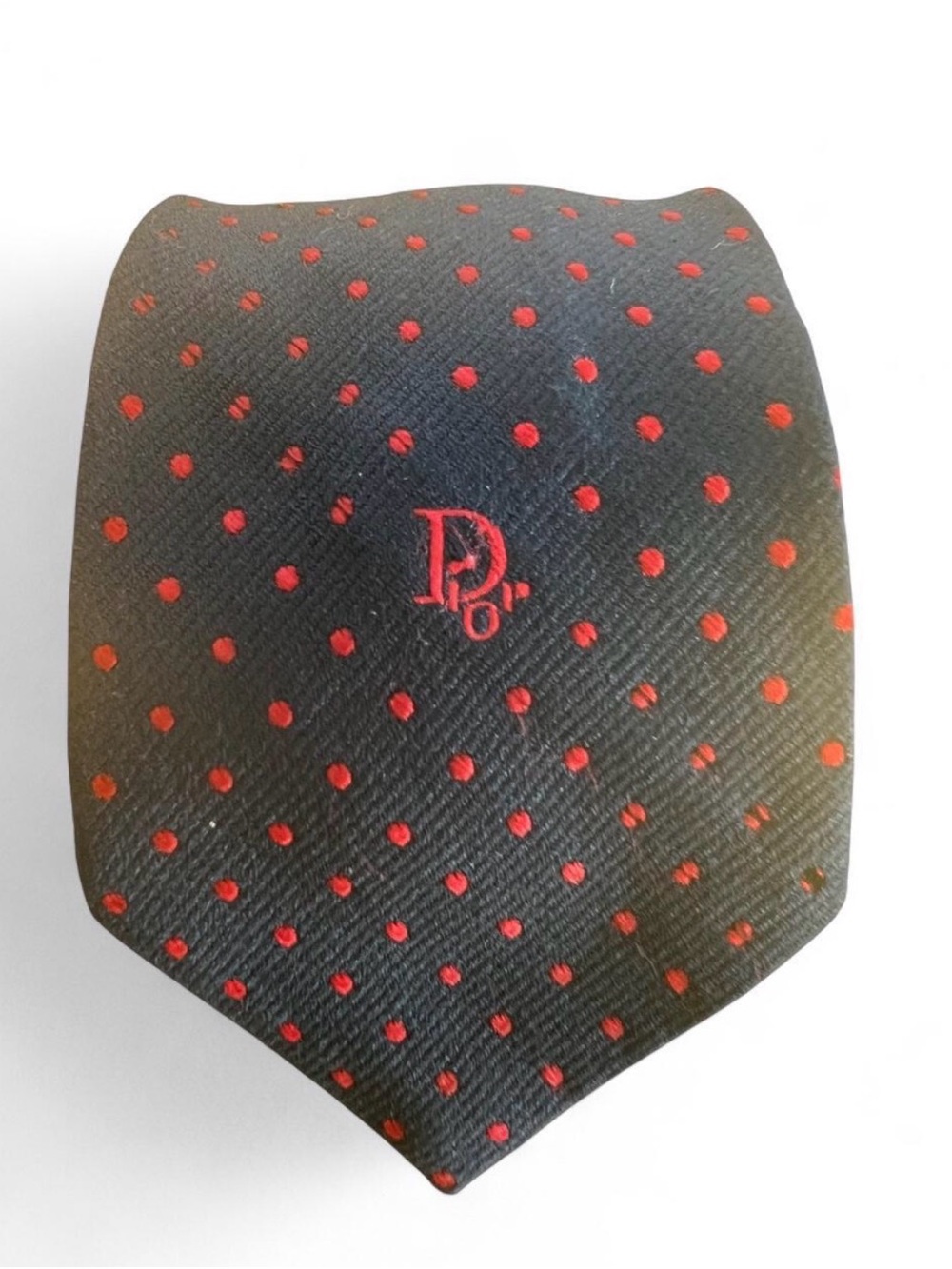 Vintage Christian Dior Polka Dot Necktie Navy Blue Red Monogram Silk Blend